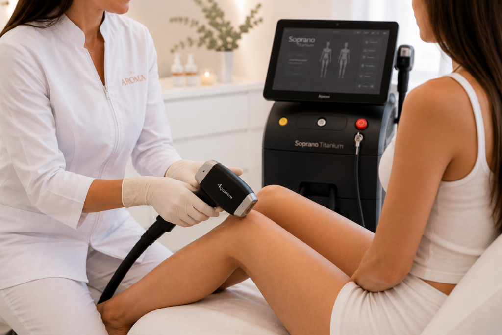 Profesional sanitaria realizando la valoración previa antes de un tratamiento de depilación láser en una adolescente en Clínica Aroma, Benalmádena.
