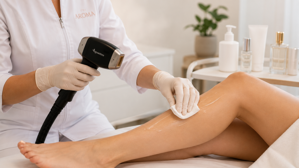 Profesional sanitaria retirando restos de crema de la piel antes de un tratamiento de depilación láser médica en Clínica Aroma.